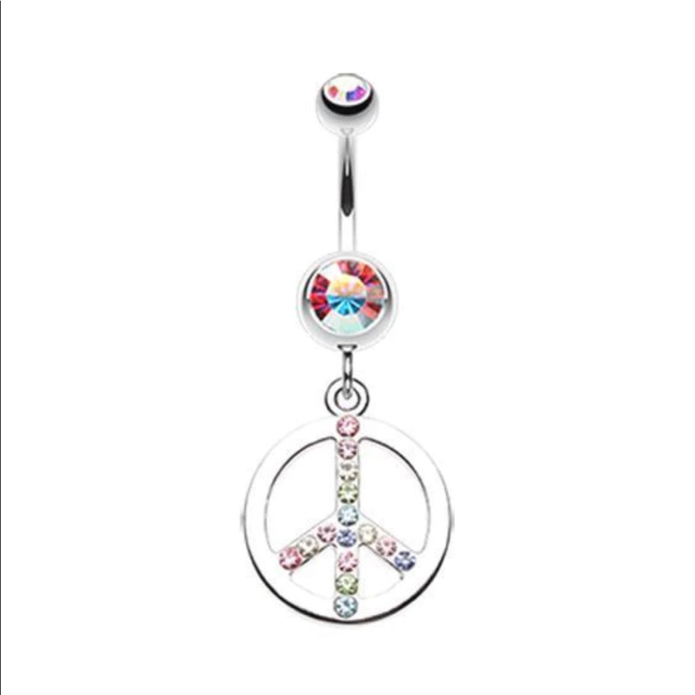 Iridescent peace sign belly ring
